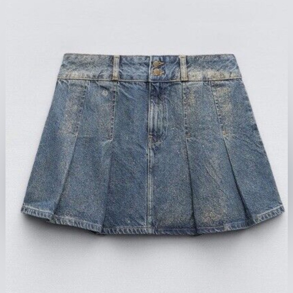 ZARA Pleated Jean Skirt with Gold Shimmer size medium